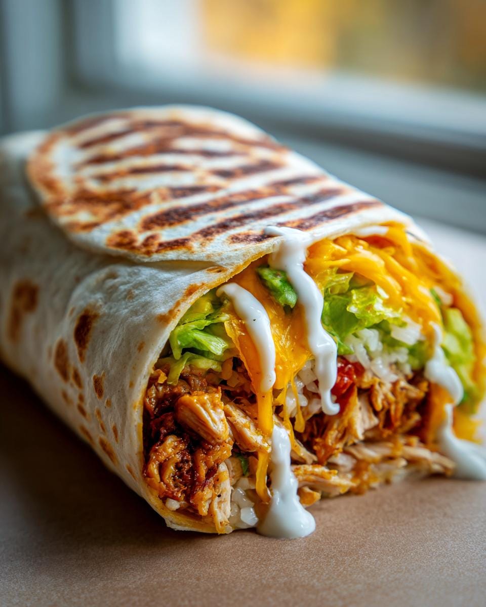 Close-up of a Chicken Avocado Ranch Burrito filled with shredded chicken, rice, lettuce, cheese, and avocado, drizzled with ranch.