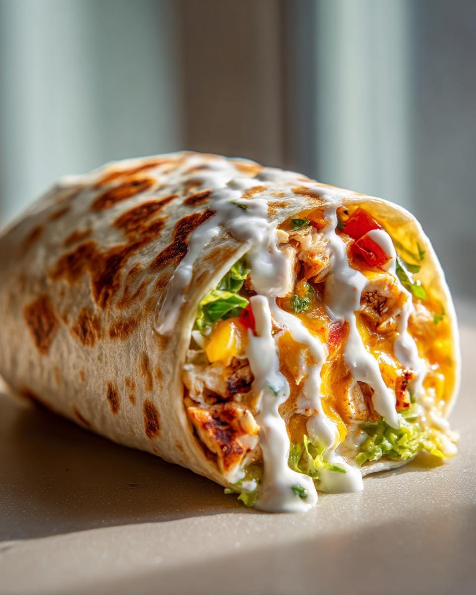 A close-up of a delicious Chicken Avocado Ranch Burrito, drizzled with creamy ranch sauce.
