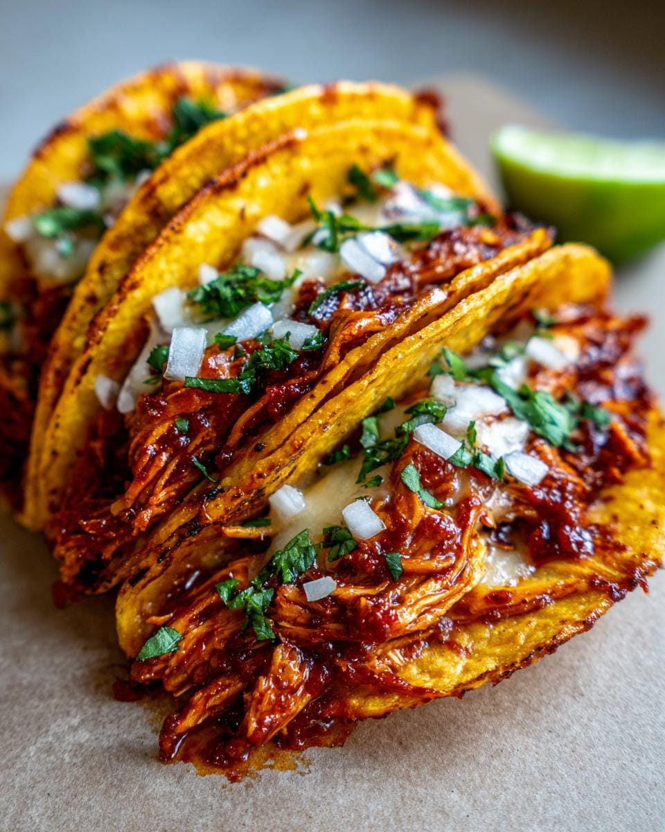 Close-up of three Chicken Birria Tacos, generously filled with shredded chicken and topped with onions and cilantro, with a lime wedge on the side.