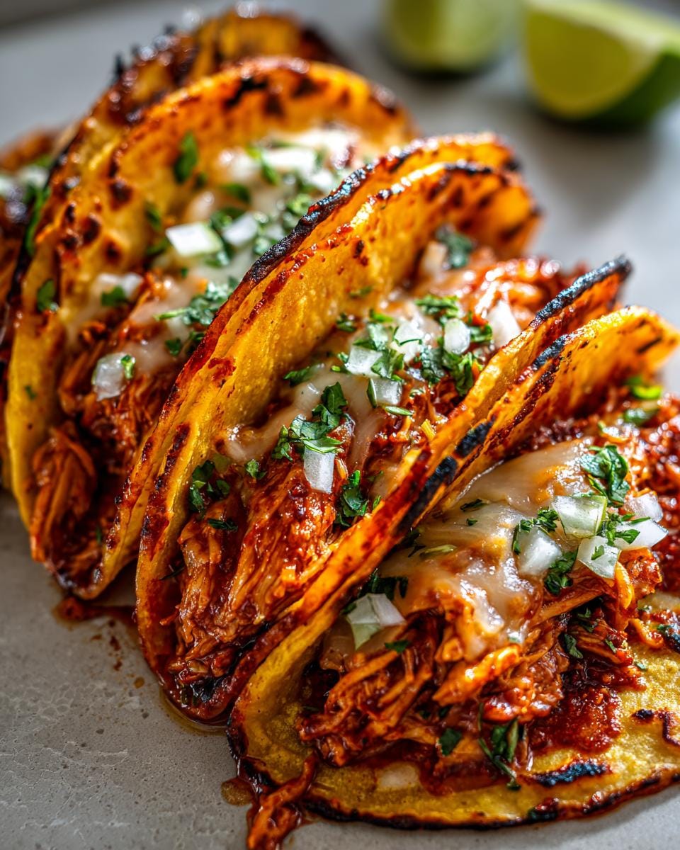 Close-up of a row of crispy Chicken Birria Tacos, filled with shredded chicken and topped with melted cheese and chopped cilantro.