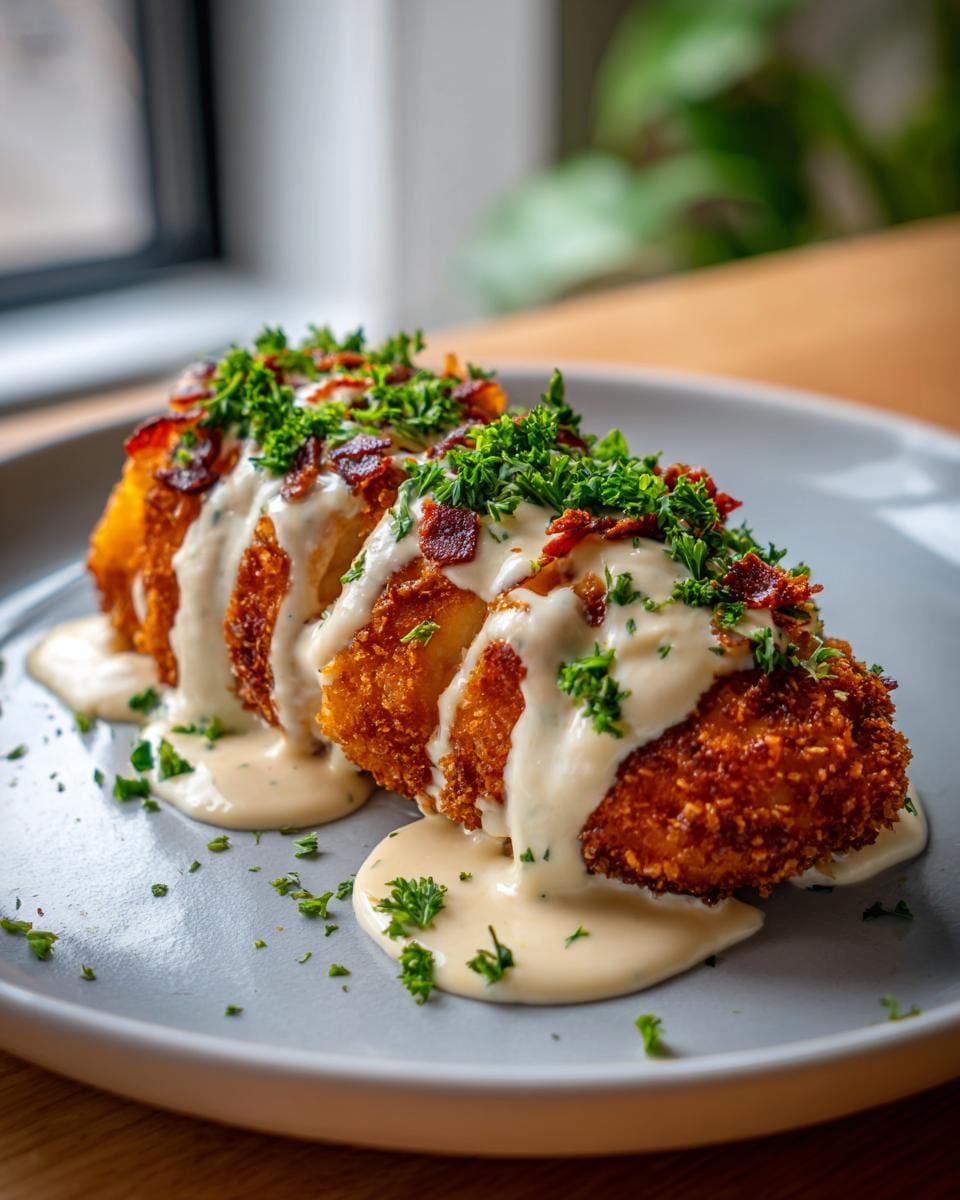 Close-up of two pieces of crispy Chicken Cordon Bleu, drizzled with creamy sauce and topped with bacon bits and parsley.