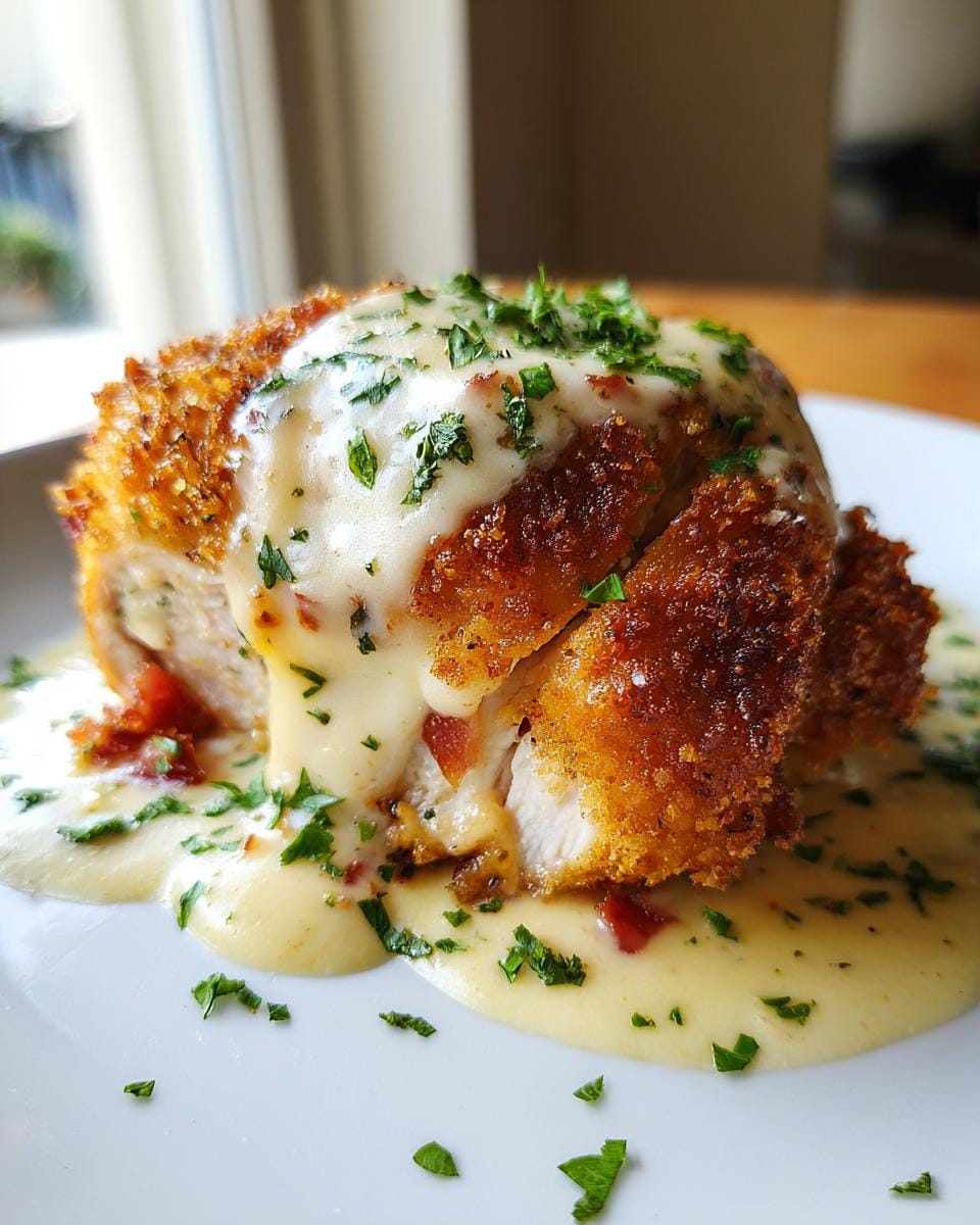 A close-up of a perfectly cooked Chicken Cordon Bleu, sliced to reveal ham and cheese filling, drizzled with a rich cream sauce and garnished with parsley.