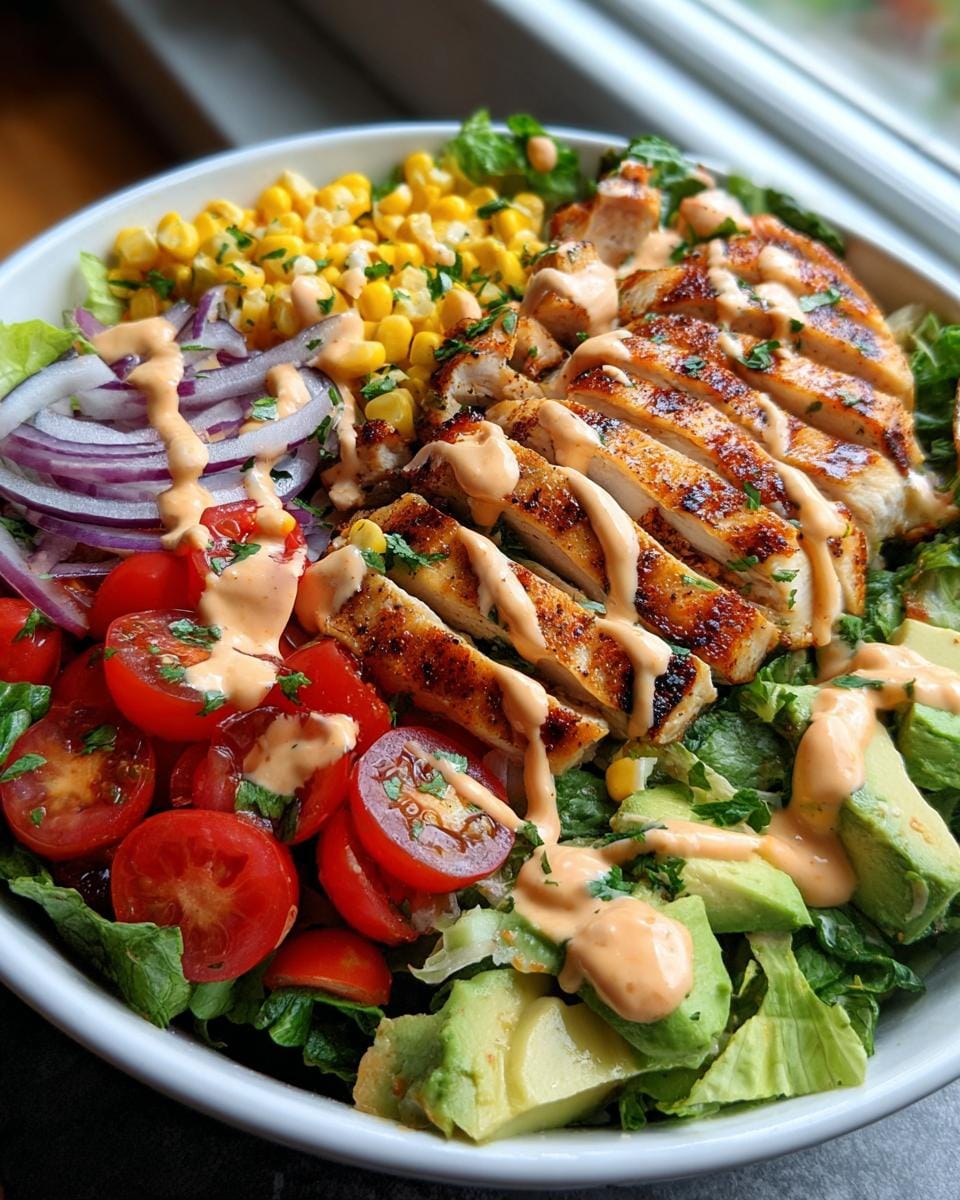 A vibrant bowl of Chipotle Lime Chicken Salad featuring sliced grilled chicken, avocado, corn, tomatoes, red onion, and a creamy dressing.