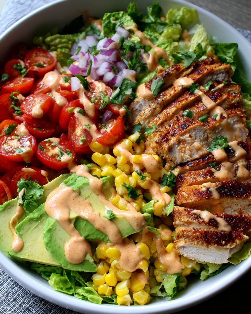 A vibrant bowl of Chipotle Lime Chicken Salad with sliced grilled chicken, avocado, corn, tomatoes, and red onion.