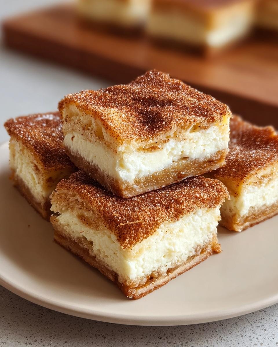 A stack of delicious Churro Cheesecake Bars topped with a generous sprinkle of cinnamon sugar.