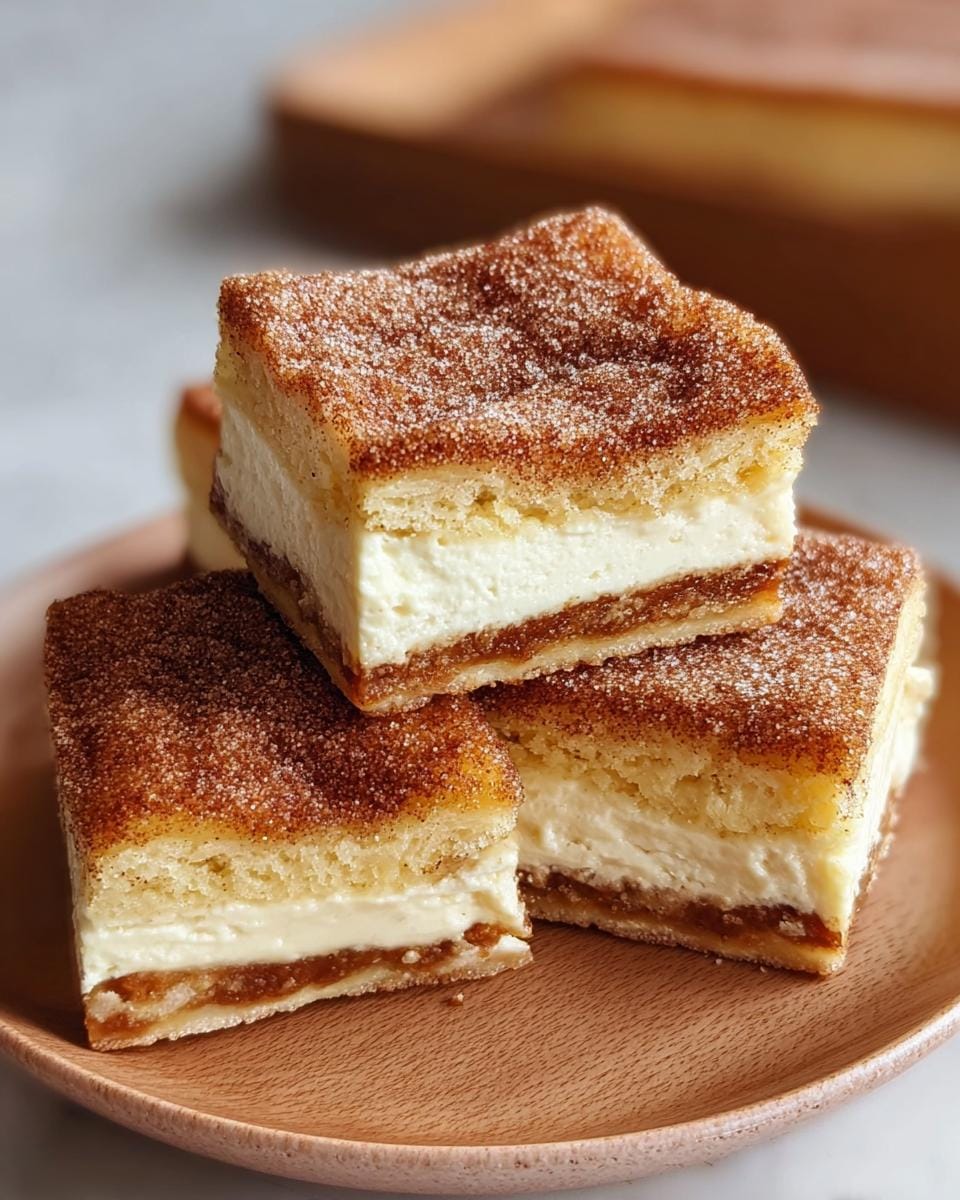 Close-up of stacked Churro Cheesecake Bars with a creamy cheesecake filling and cinnamon sugar topping.