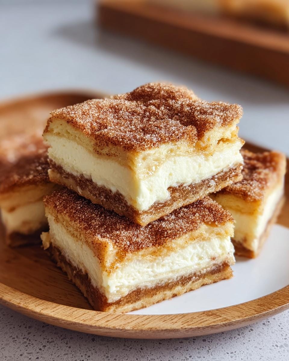 Close-up of stacked Churro Cheesecake Bars with a thick layer of creamy cheesecake and a cinnamon sugar topping.
