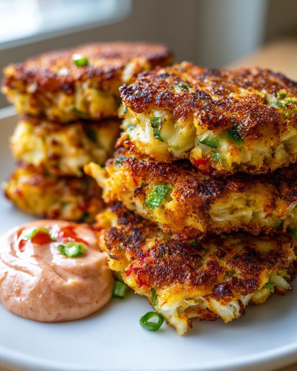 A stack of golden-brown Copycat Joe’s Crab Shack Crab Cakes served with a dollop of creamy sauce and garnished with green onions.