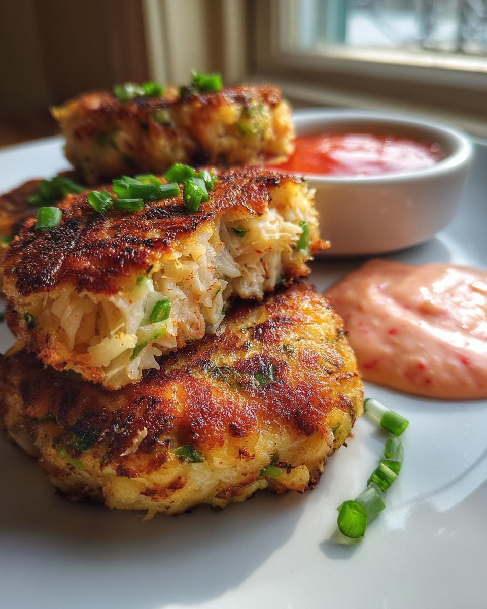 Close-up of Copycat Joe’s Crab Shack Crab Cakes, golden brown and topped with chives, served with dipping sauces.