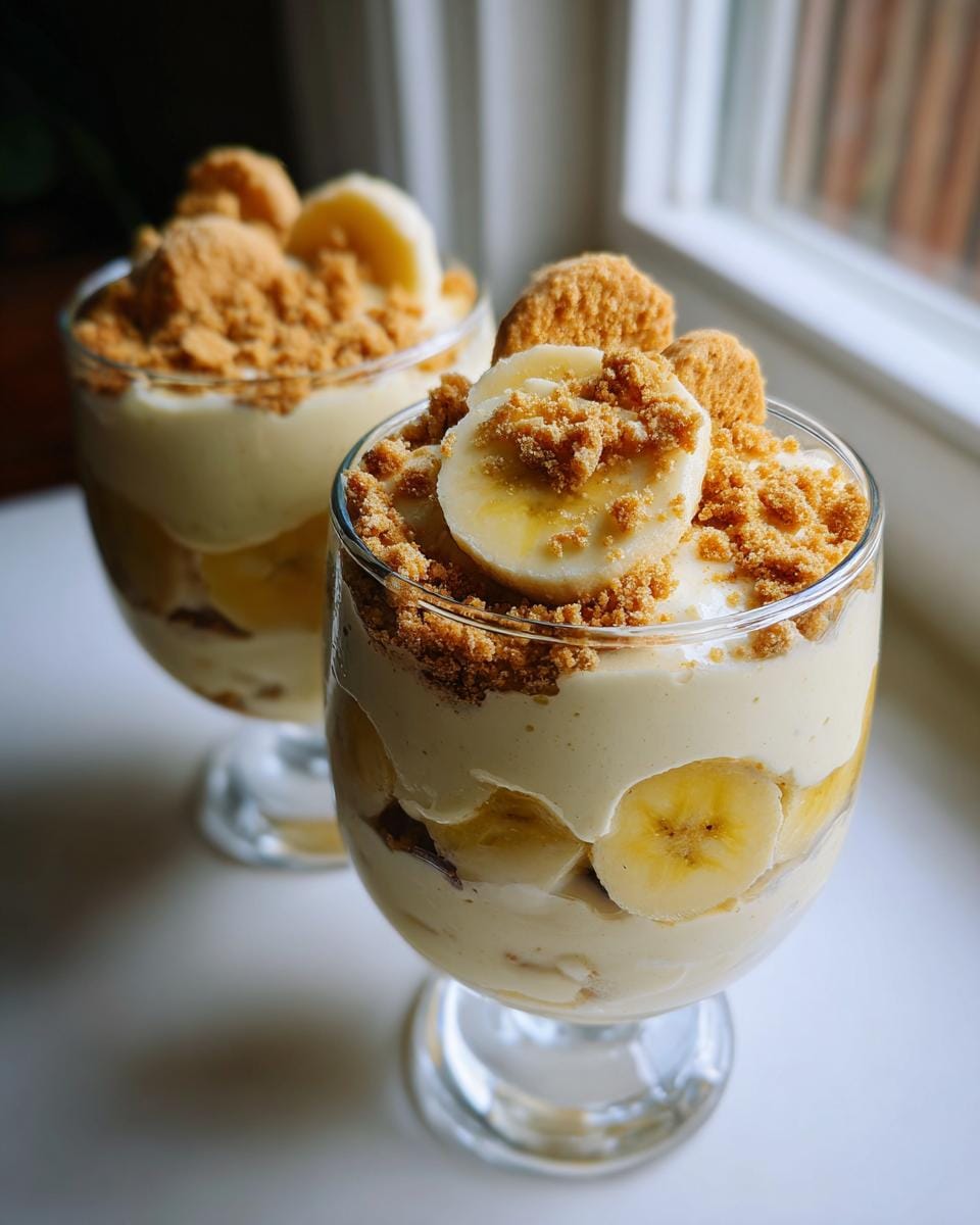 Two glasses filled with creamy Cottage Cheese Banana Pudding, layered with sliced bananas and crushed cookies.