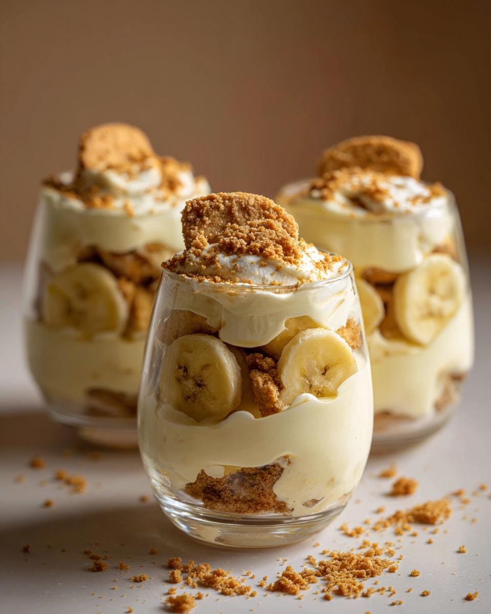 Three glasses filled with creamy Cottage Cheese Banana Pudding, layered with banana slices and cookie crumbles.
