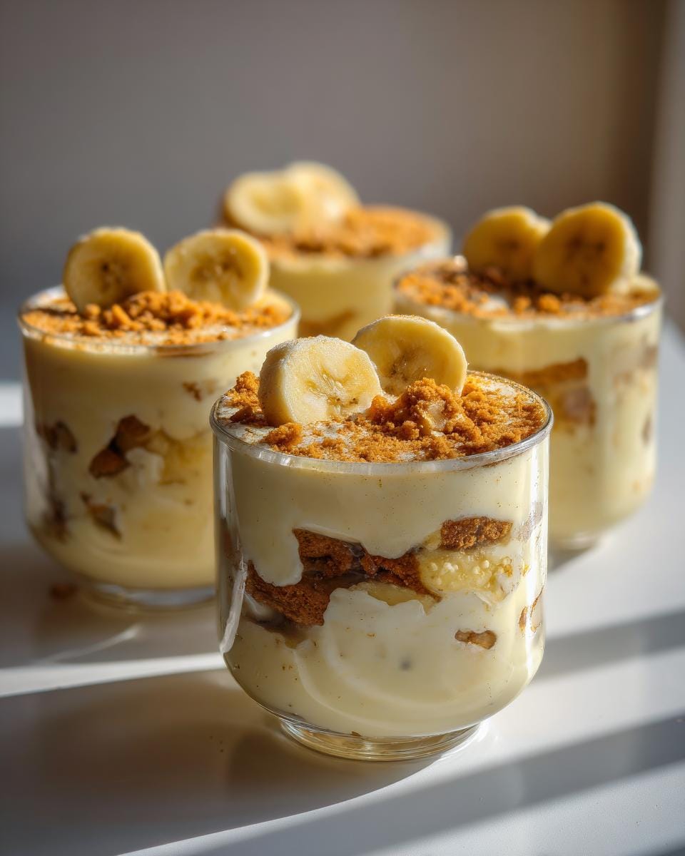 Four individual servings of Cottage Cheese Banana Pudding in glasses, topped with banana slices and cookie crumbs.