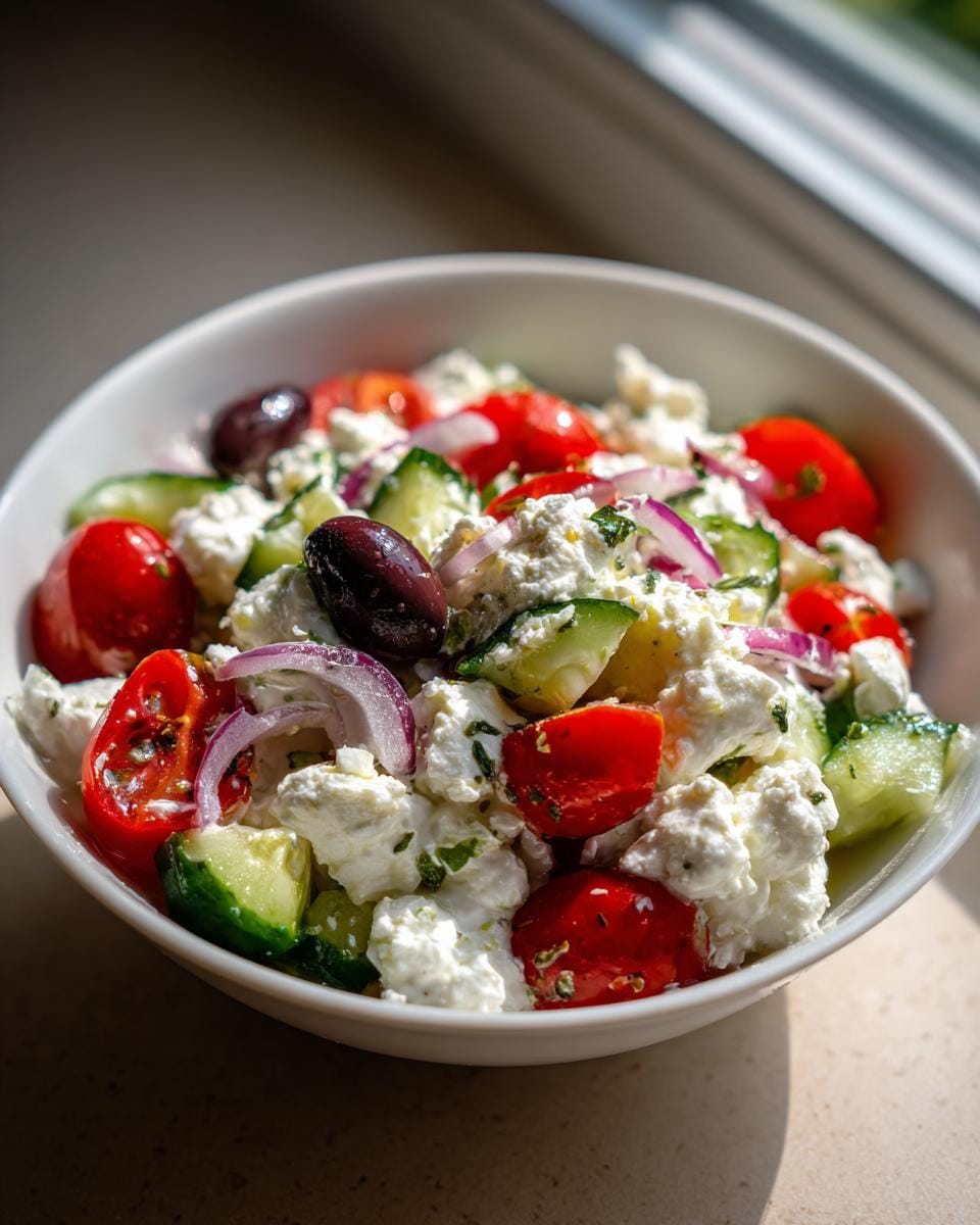 A close-up of a refreshing cottage cheese salad with cherry tomatoes, cucumbers, red onion, and Kalamata olives.