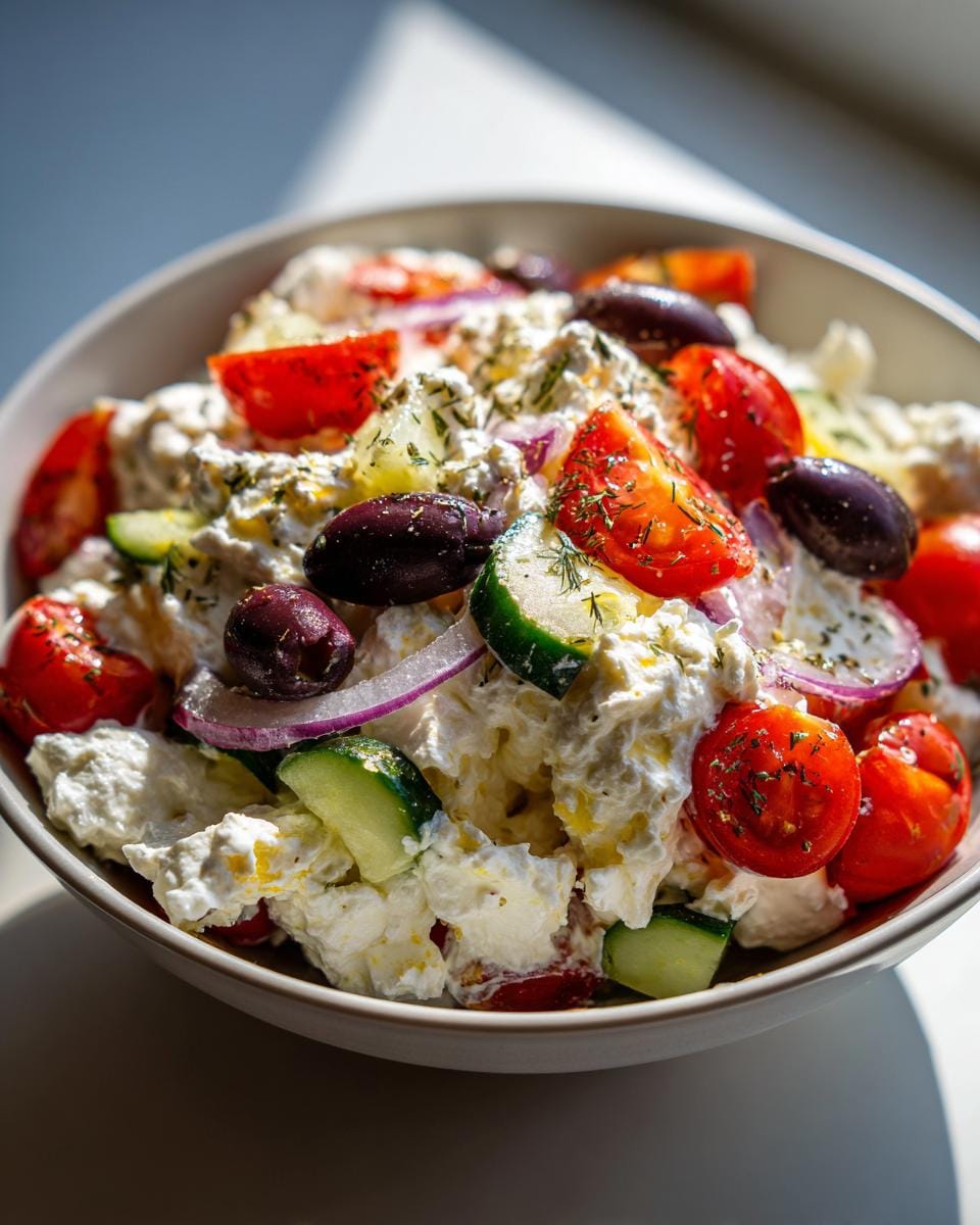 A vibrant bowl of cottage cheese salad, featuring cherry tomatoes, cucumbers, Kalamata olives, and red onion, seasoned with herbs.