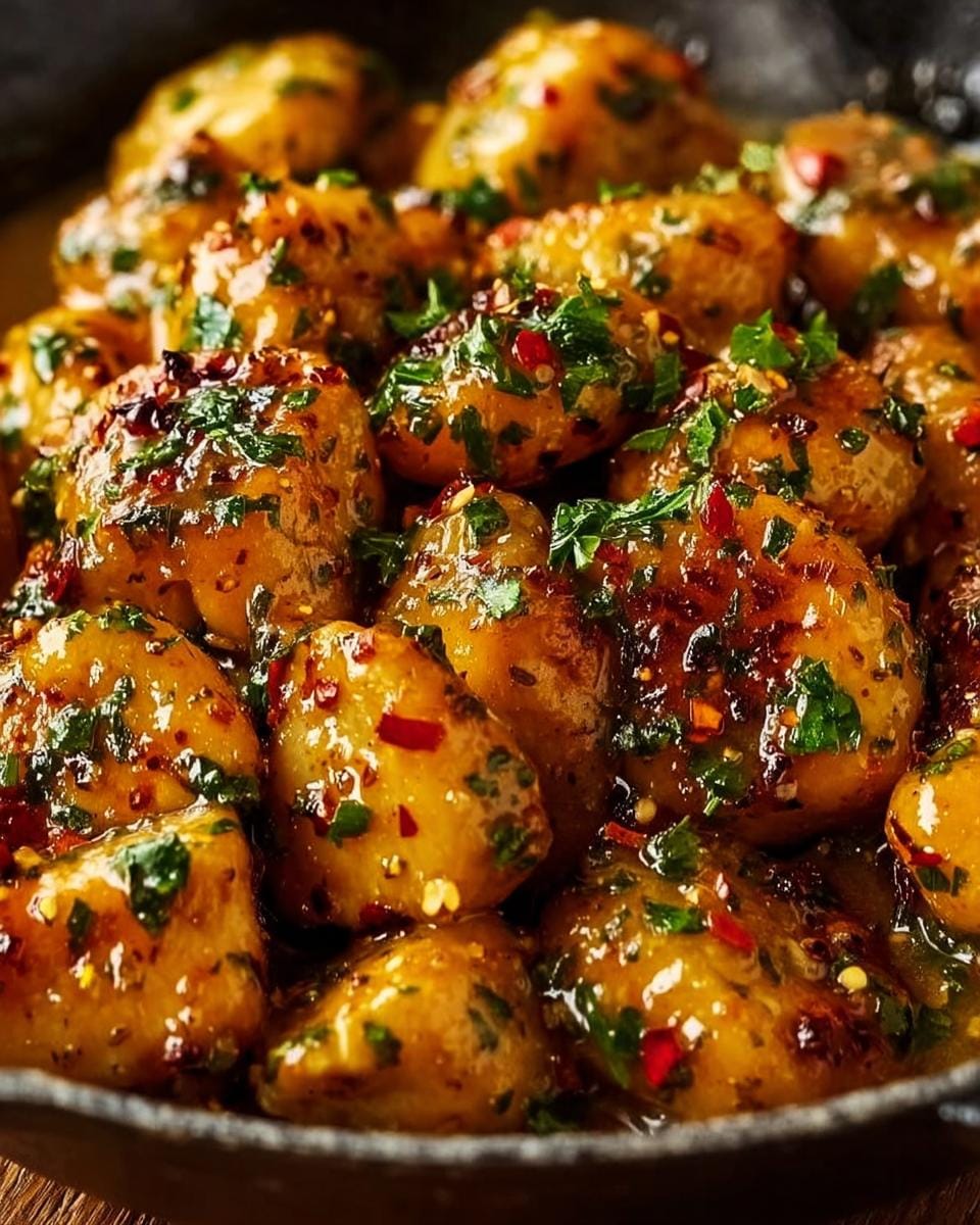 Close-up of delicious Cowboy Butter Chicken Bites coated in a glossy sauce with herbs and chili flakes.