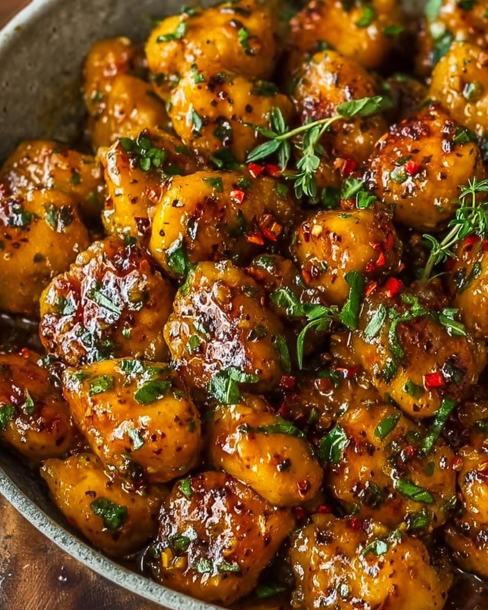 Close-up of glistening Cowboy Butter Chicken Bites coated in a savory sauce with herbs and chili flakes.