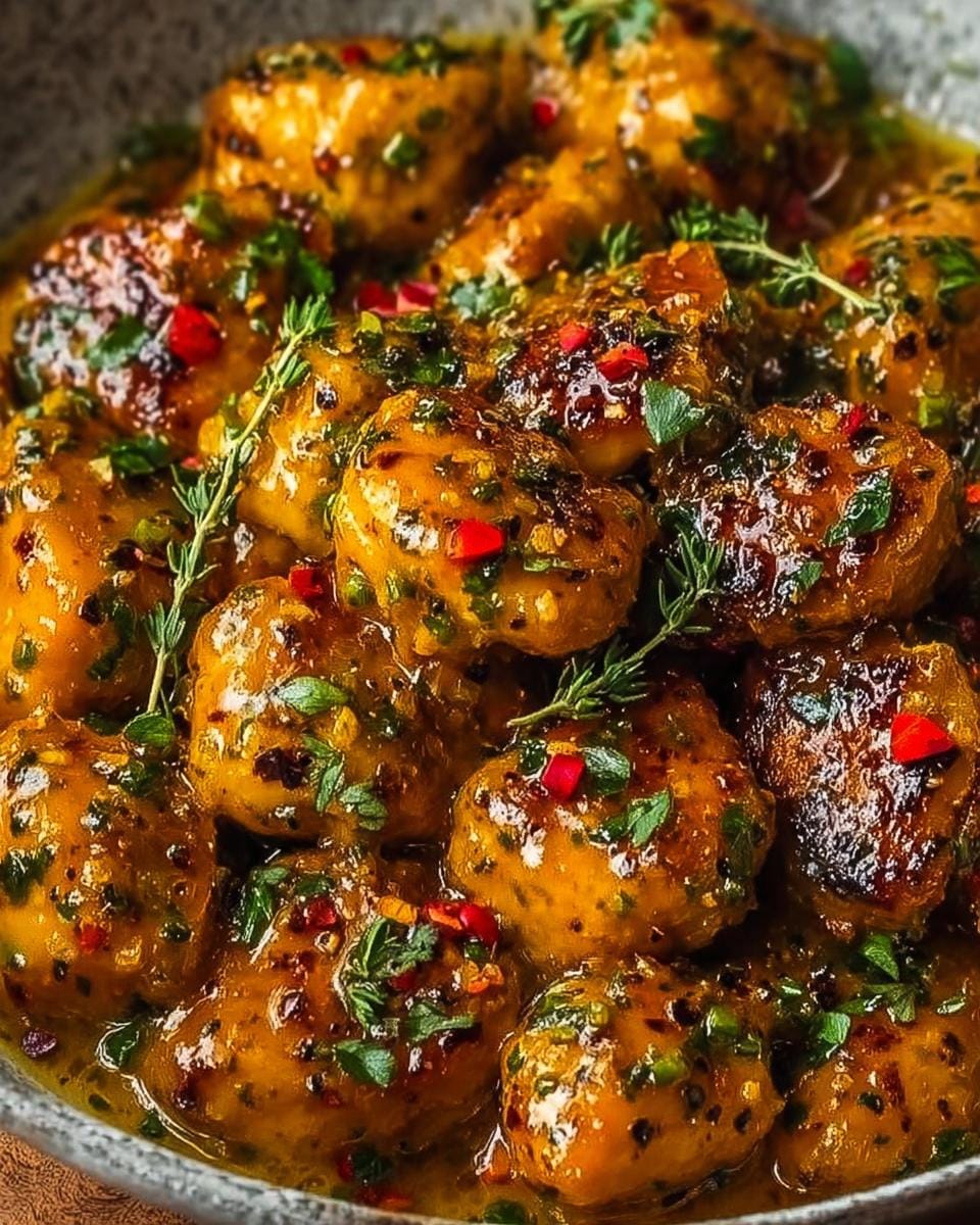 Close-up of flavorful Cowboy Butter Chicken Bites coated in a rich sauce with herbs and chili flakes.