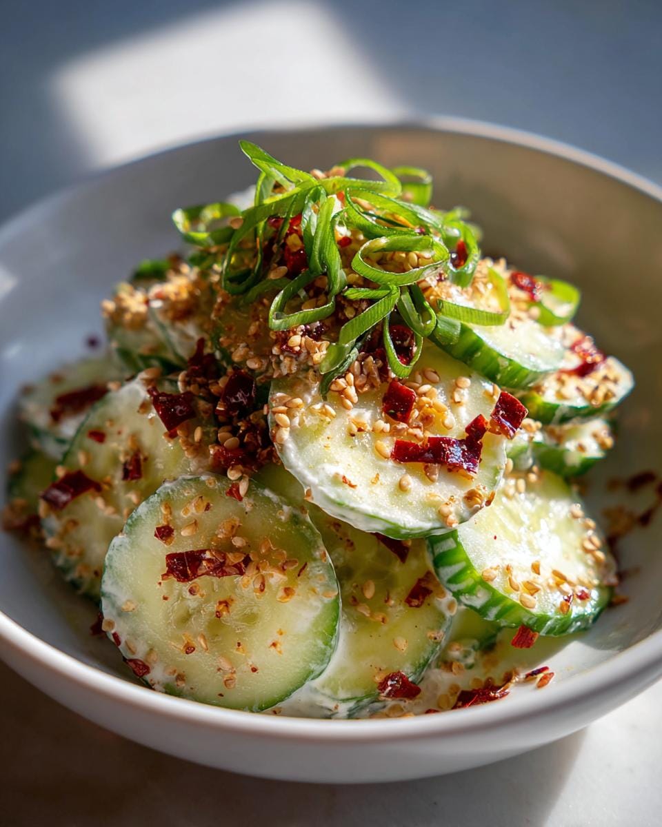 A close-up of a bowl of Creamy Asian Cucumber Salad, featuring sliced cucumbers coated in a creamy dressing, topped with sesame seeds, chili flakes, and green onions.