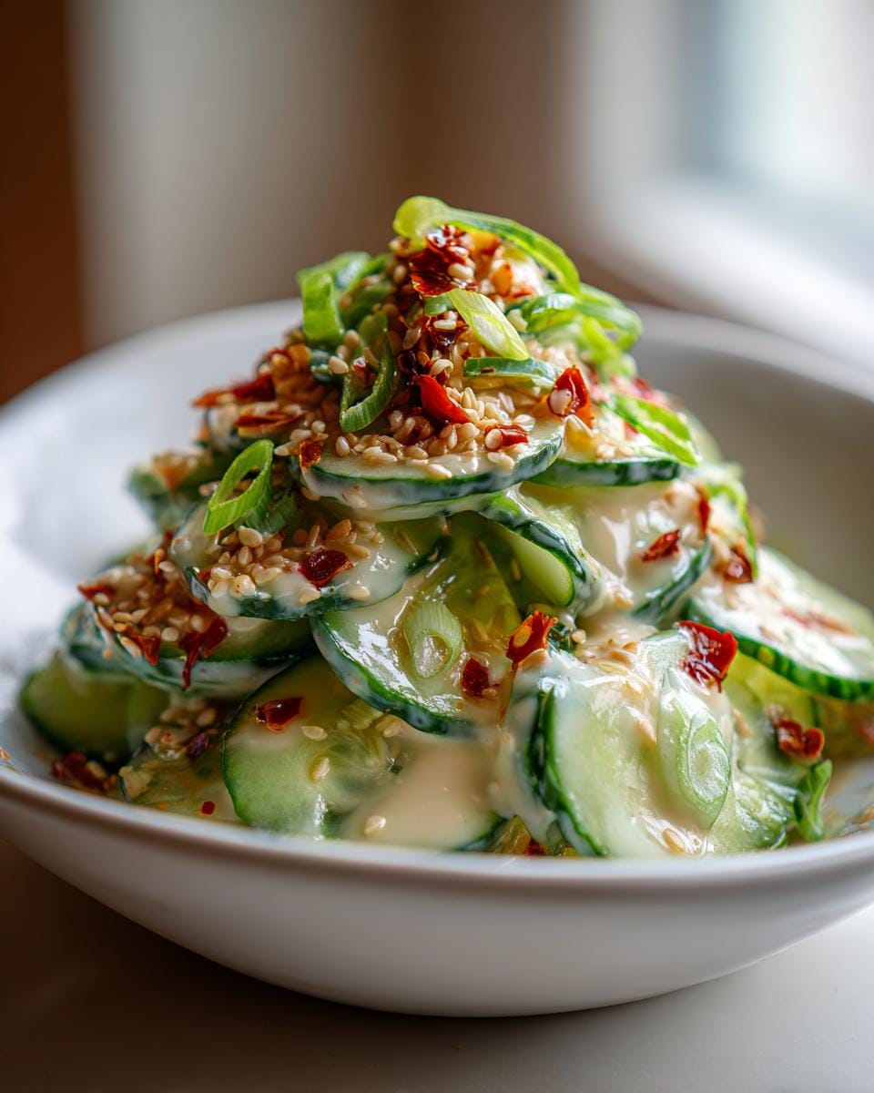 Close-up of a bowl filled with Creamy Asian Cucumber Salad, topped with scallions, sesame seeds, and chili flakes.