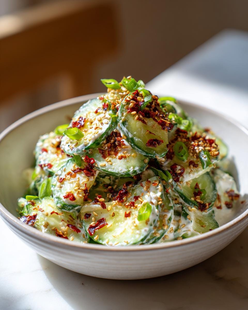 A bowl of Creamy Asian Cucumber Salad topped with sesame seeds, chili flakes, and green onions.