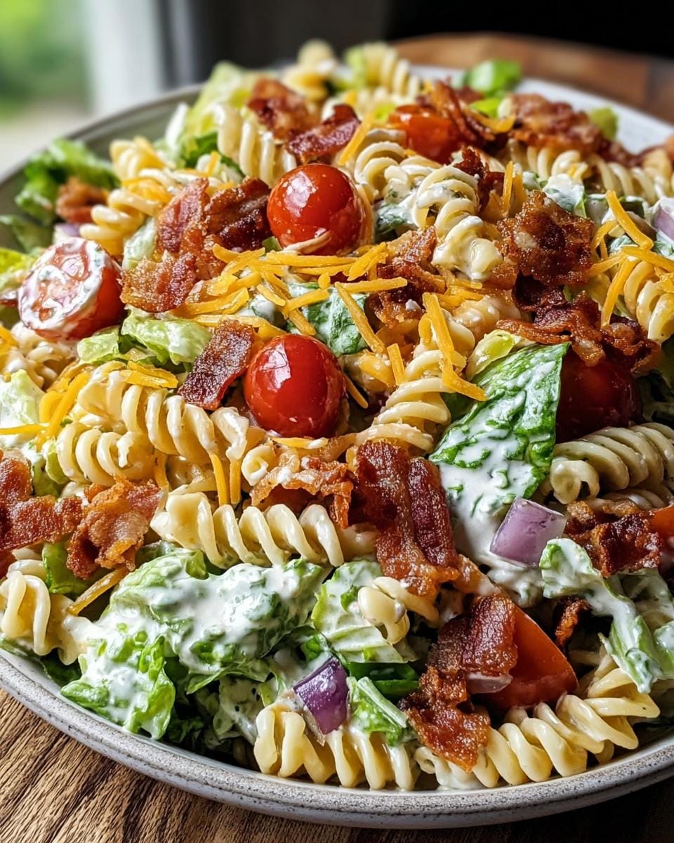 A close-up of a bowl filled with Creamy BLT Pasta Salad with Beef Bacon, featuring rotini pasta, crisp lettuce, cherry tomatoes, and crispy bacon.