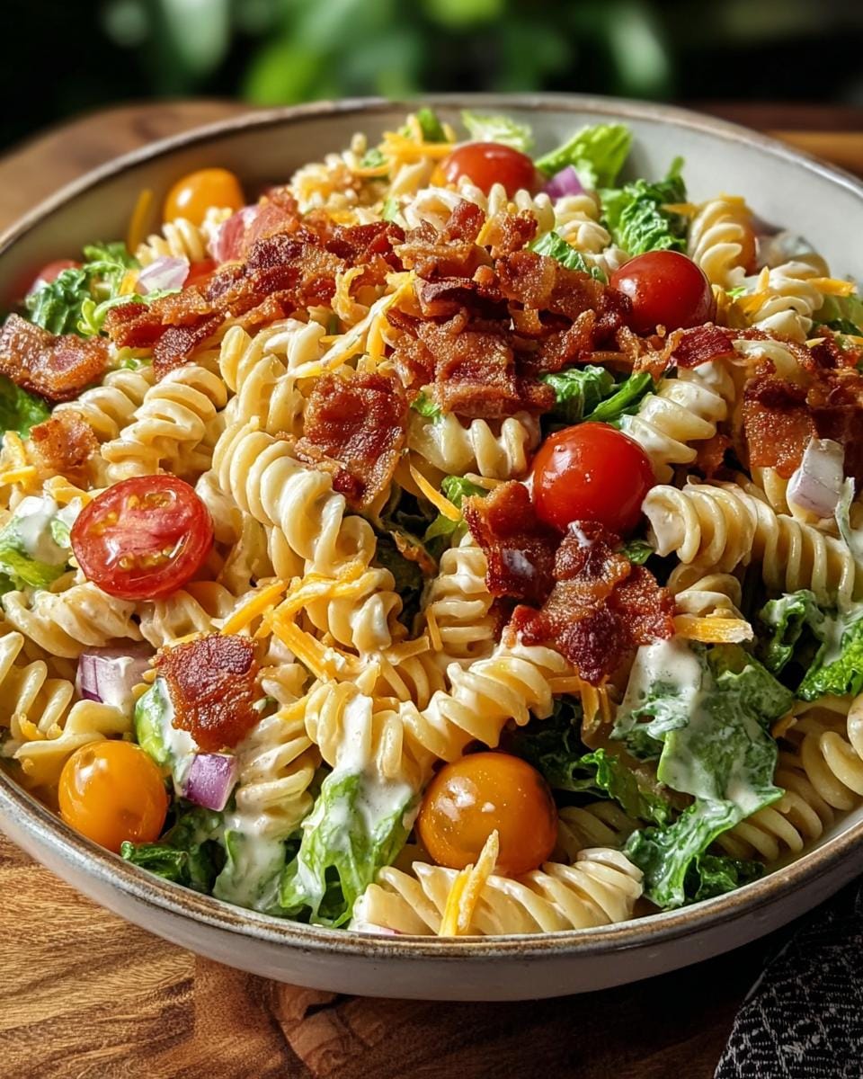 A bowl of Creamy BLT Pasta Salad with Beef Bacon, featuring rotini pasta, cherry tomatoes, lettuce, cheese, and crispy bacon.