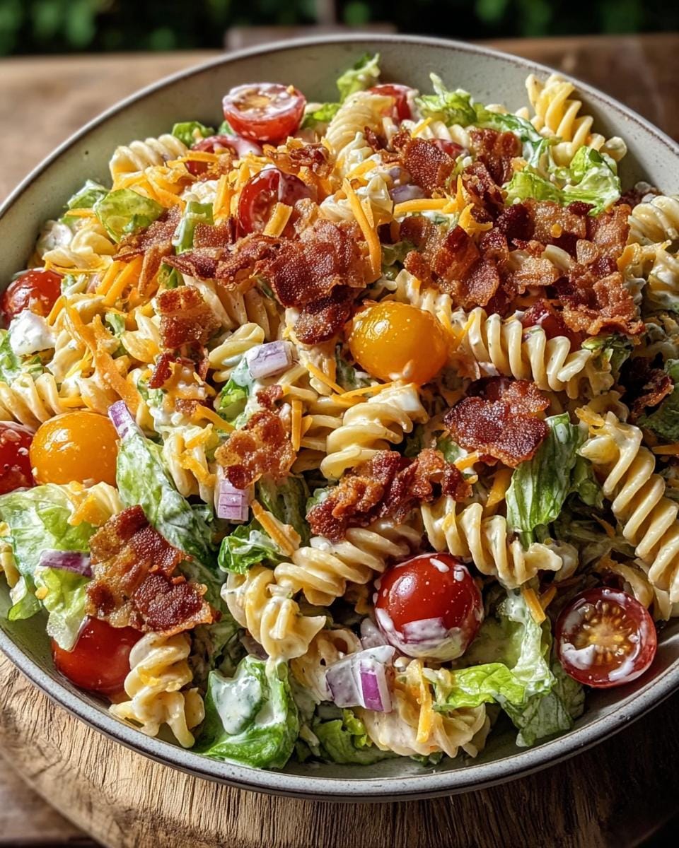 A bowl of Creamy BLT Pasta Salad with Beef Bacon, featuring rotini pasta, cherry tomatoes, lettuce, cheese, and bacon.