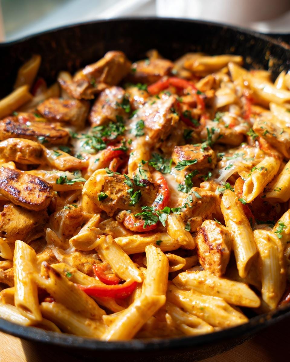 Close-up of a skillet filled with creamy Cajun chicken pasta, featuring penne, seasoned chicken, and red peppers.