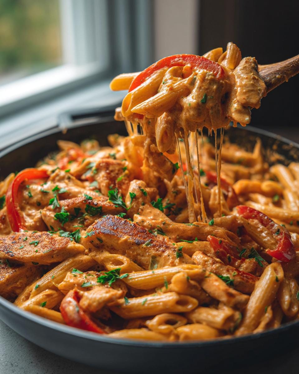 A wooden spoon lifting a generous portion of Creamy Cajun Chicken and Pasta, showing melted cheese stretching.
