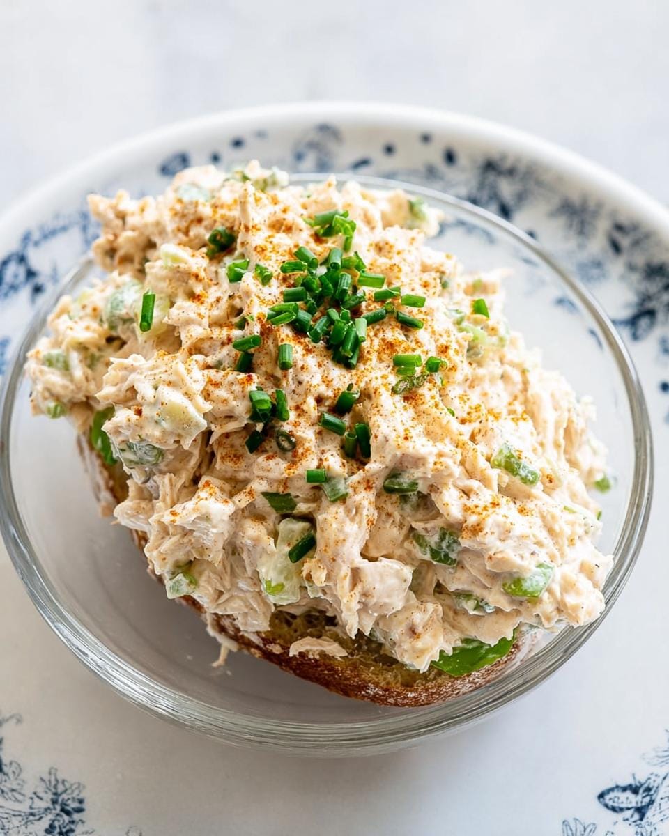 A close-up of creamy chicken salad piled high on toast, garnished with chives and paprika.