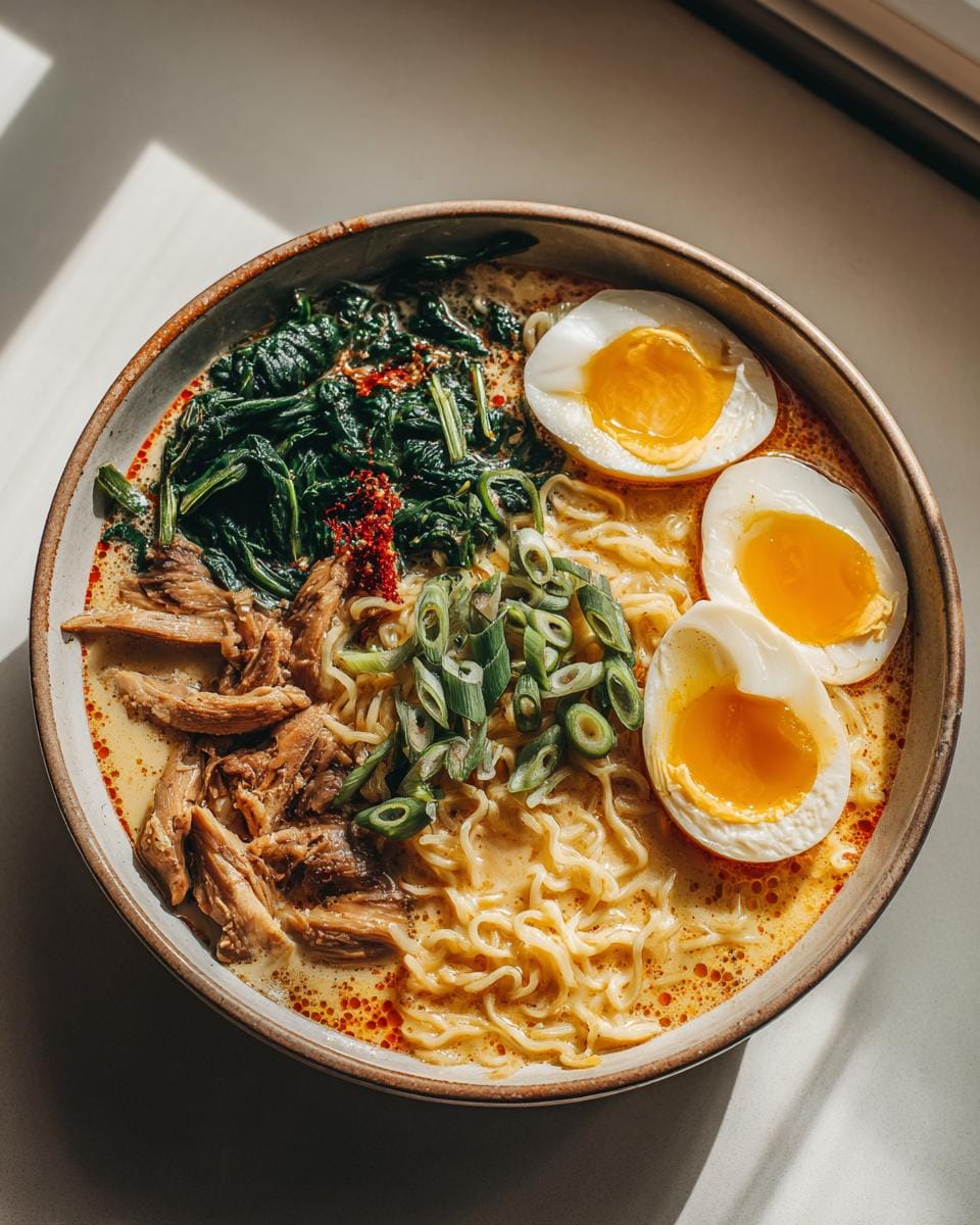A bowl of Creamy Garlic Chicken Ramen topped with shredded chicken, spinach, scallions, and soft-boiled eggs.