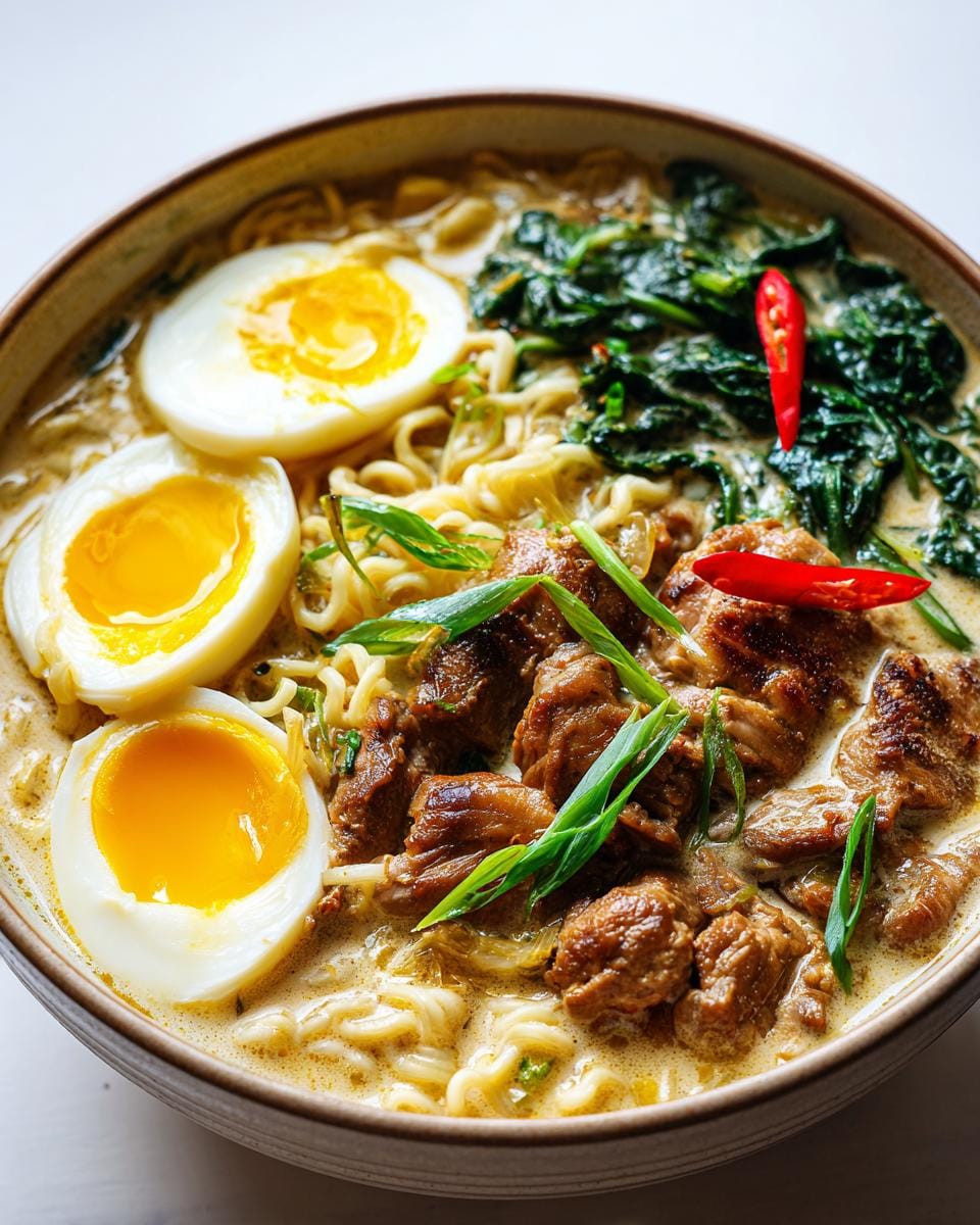 A close-up of a bowl of Creamy Garlic Chicken Ramen, featuring noodles, tender chicken, soft-boiled eggs, and greens.