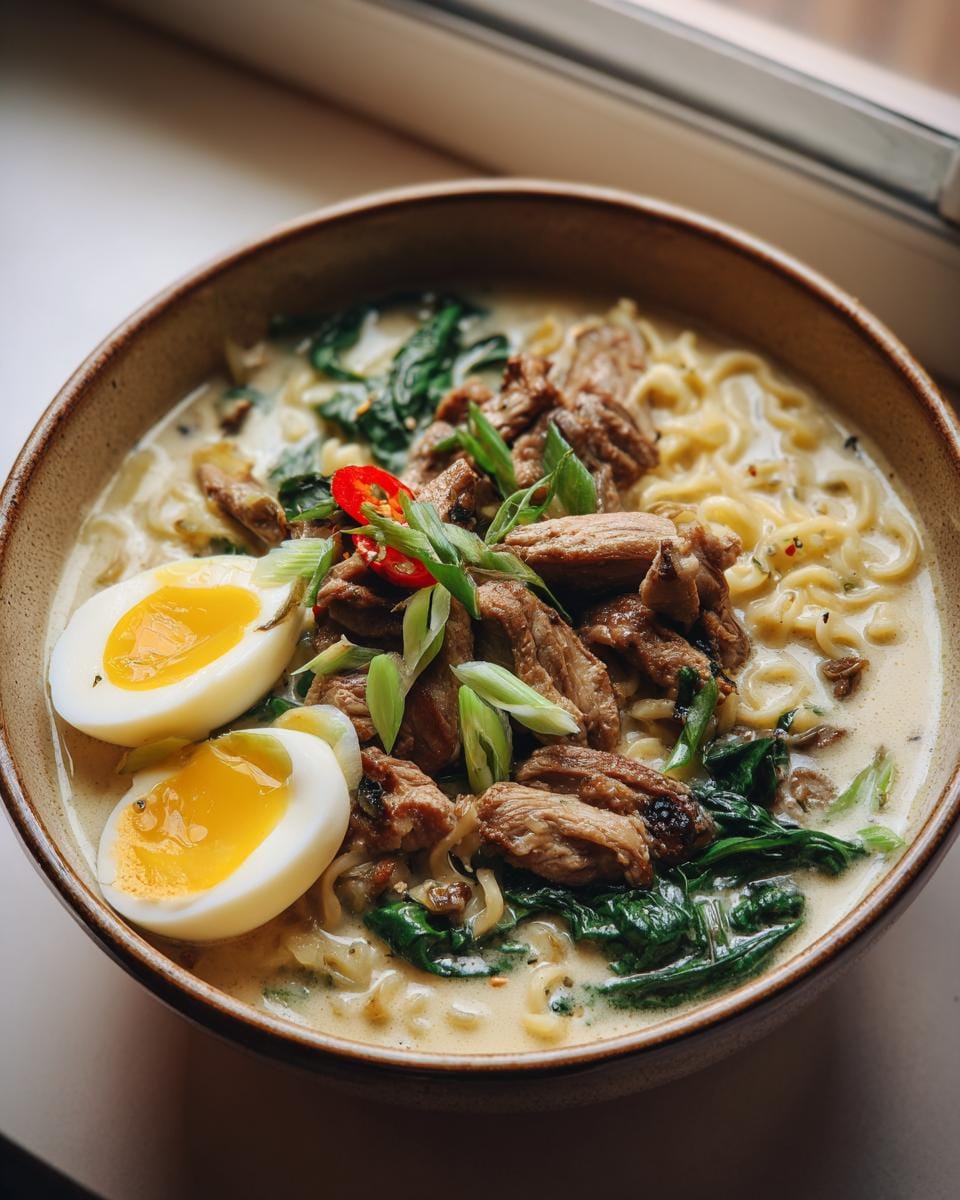 A bowl of Creamy Garlic Chicken Ramen topped with sliced chicken, soft-boiled eggs, spinach, and chili.
