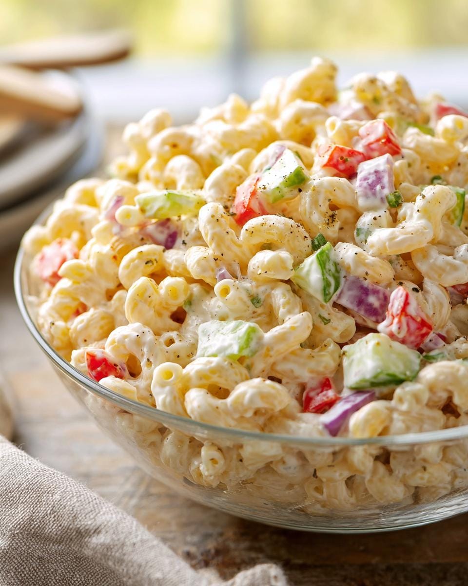 A close-up of a bowl filled with Creamy Macaroni Salad with Crunchy Veggies, showing elbow macaroni coated in a creamy dressing with diced red bell peppers, green celery, and red onion.