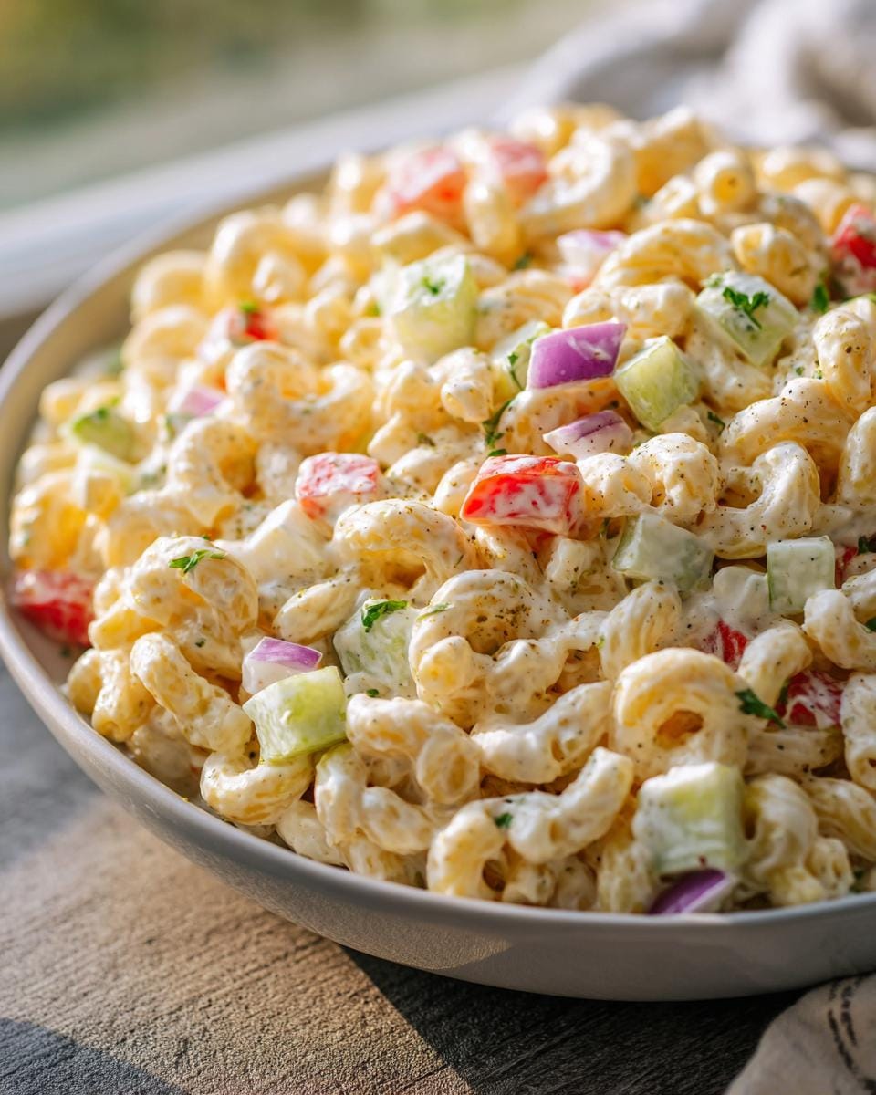 A close-up of Creamy Macaroni Salad with Crunchy Veggies, featuring elbow macaroni, diced cucumber, red onion, and tomato in a creamy dressing.