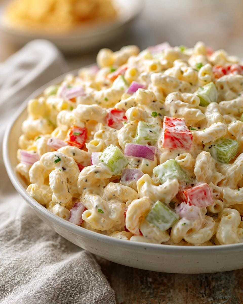 Close-up of a bowl of Creamy Macaroni Salad with Crunchy Veggies, featuring elbow pasta, red bell peppers, green celery, and red onion.