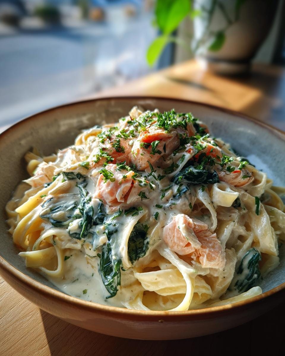 A close-up of a bowl filled with Creamy Salmon Spinach Pasta, featuring fettuccine noodles, flaked salmon, and wilted spinach in a rich sauce, topped with fresh parsley.