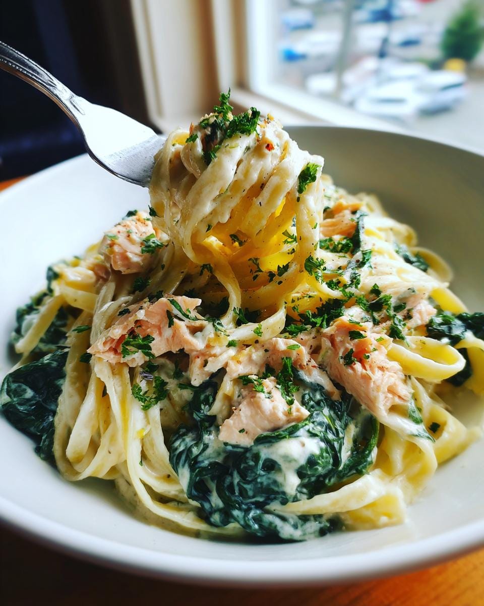A fork twirls a portion of creamy salmon spinach pasta, showcasing flaky salmon, wilted spinach, and fettuccine in a rich sauce.