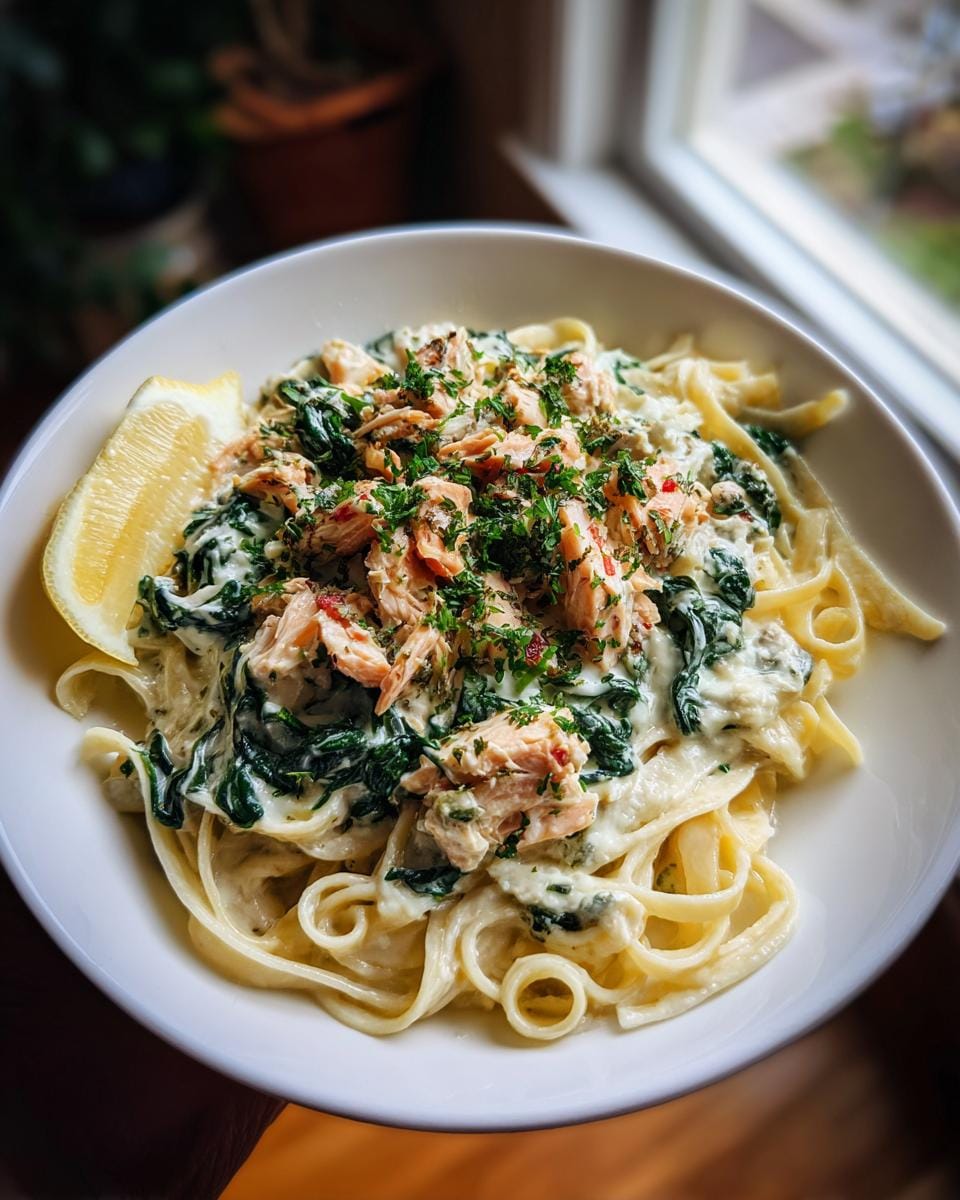 A bowl of creamy salmon spinach pasta topped with fresh herbs and a lemon wedge.