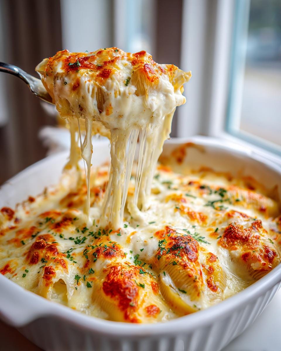 A spoonful of Creamy Seafood Stuffed Shells overflowing with melted cheese, garnished with parsley.