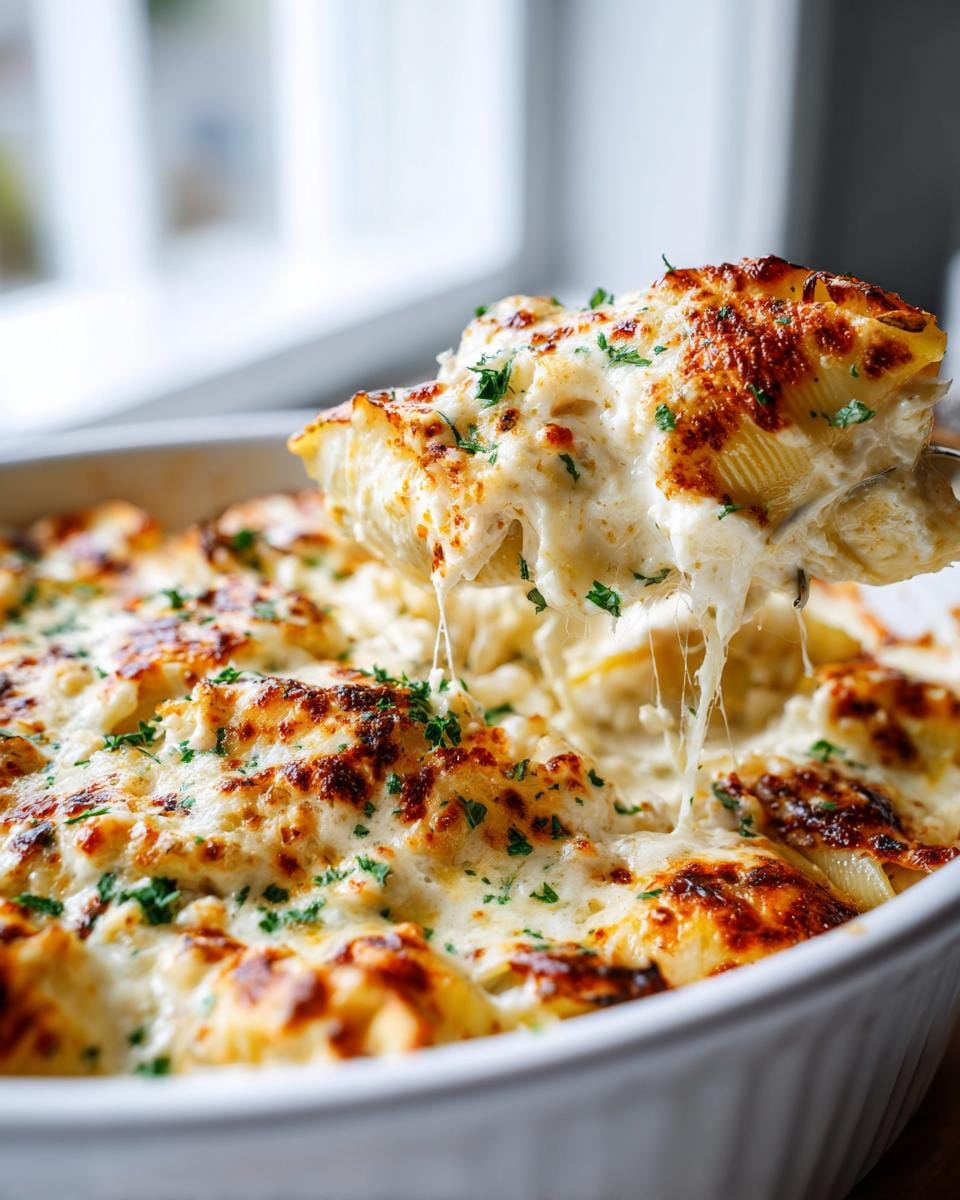 A serving spoon lifts a portion of Creamy Seafood Stuffed Shells, showing gooey melted cheese and parsley garnish.