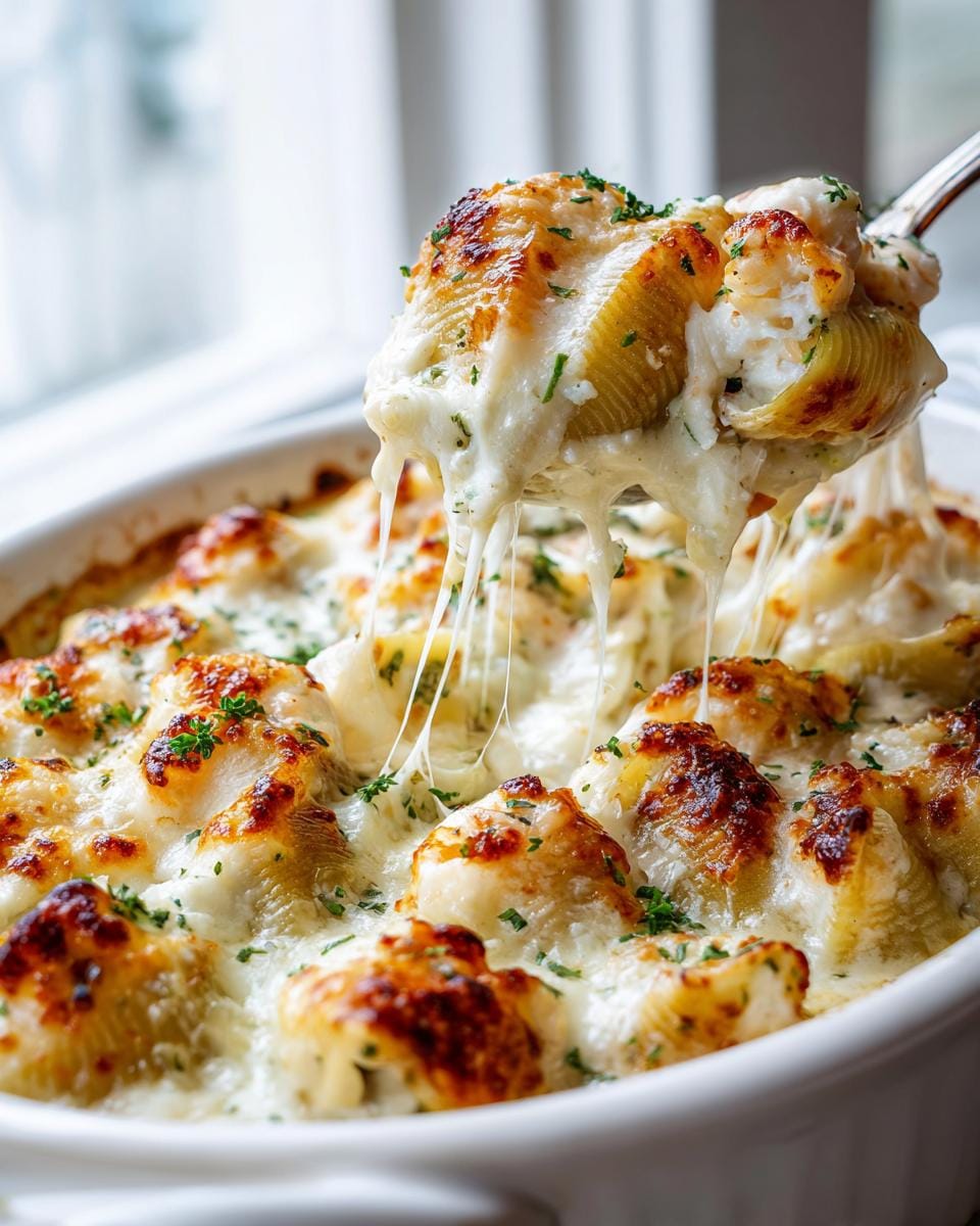 A spoonful lifts a serving of Creamy Seafood Stuffed Shells, showcasing gooey melted cheese and tender pasta shells.