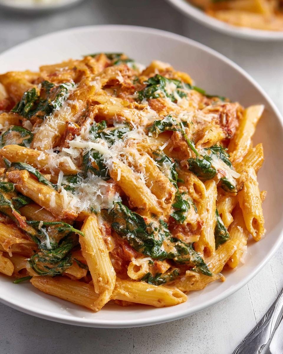 A close-up of a bowl of Creamy Tomato Spinach Pasta with penne noodles, wilted spinach, and grated cheese.