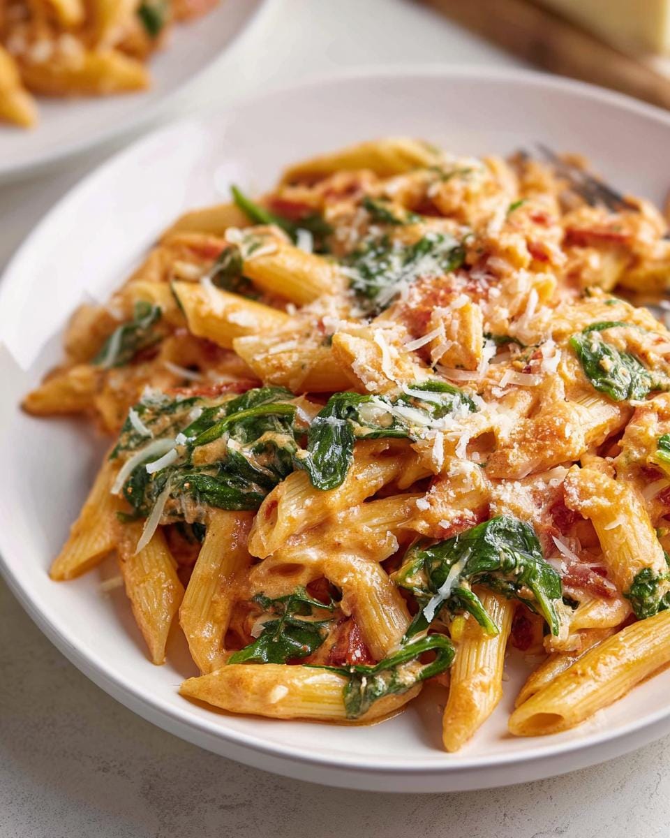 A close-up of a white plate filled with Creamy Tomato Spinach Pasta, featuring penne noodles coated in a rich sauce with wilted spinach and grated Parmesan cheese.
