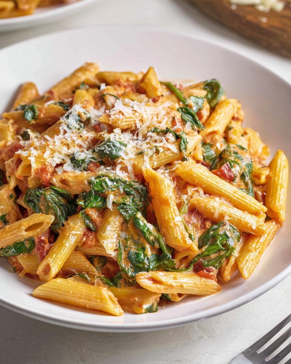 A close-up of a bowl of Creamy Tomato Spinach Pasta with penne noodles, wilted spinach, and grated Parmesan cheese.