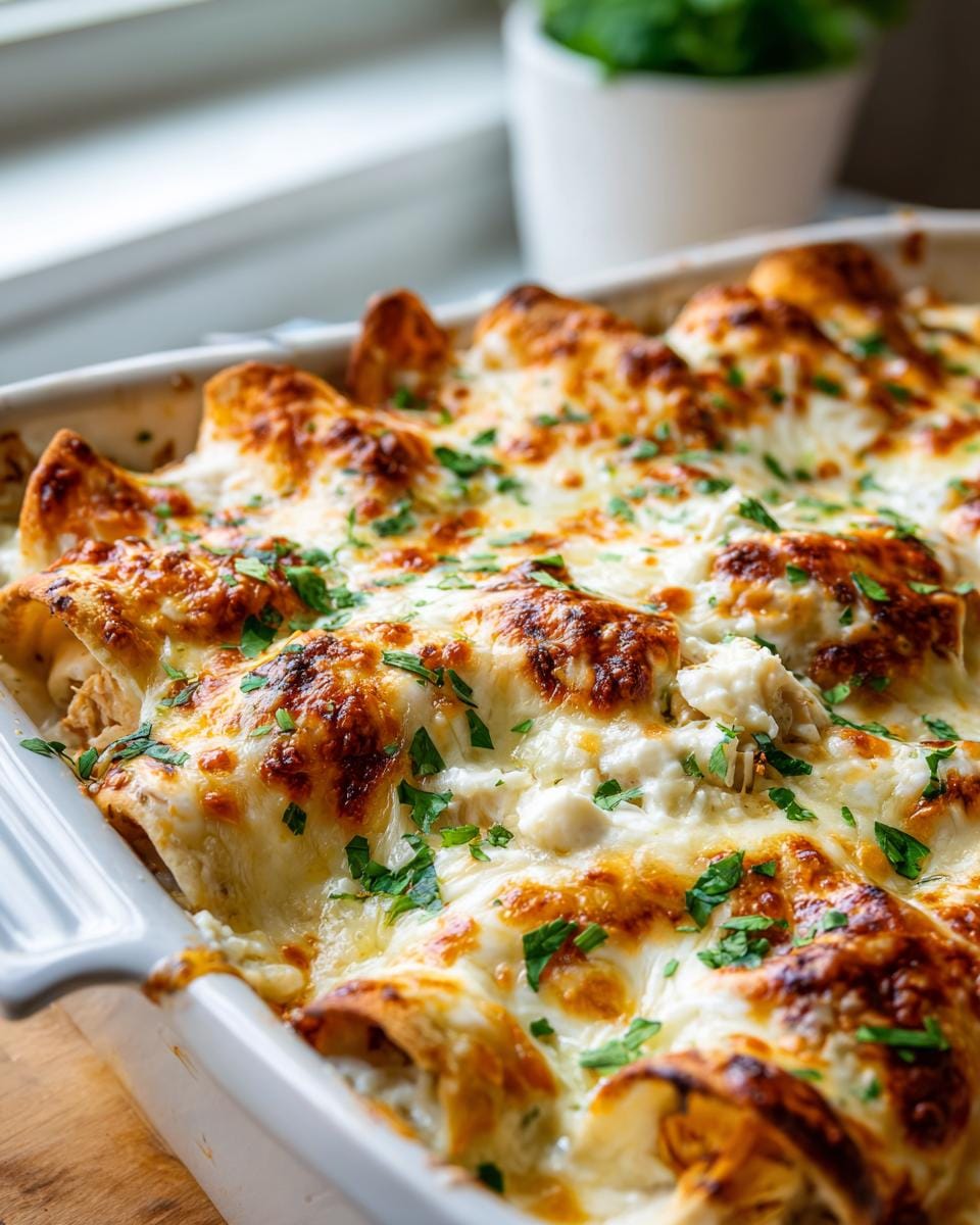 Close-up of baked Creamy White Chicken Enchiladas with bubbly, golden-brown cheese and fresh parsley garnish.