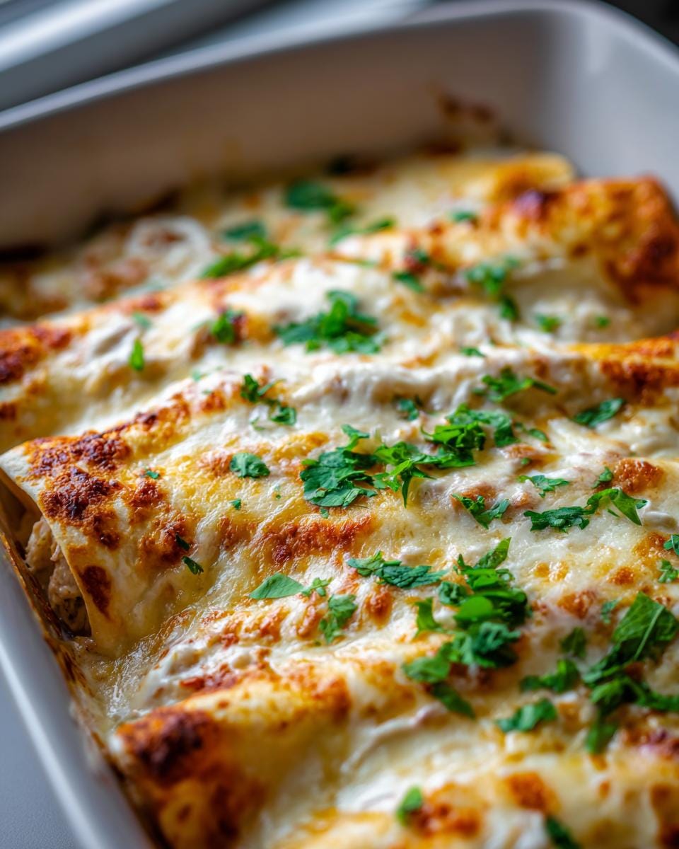 Close-up of freshly baked Creamy White Chicken Enchiladas topped with melted cheese and parsley.