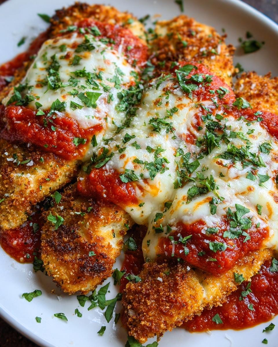 Close-up of crispy Air Fryer Chicken Parmesan topped with marinara sauce, melted mozzarella, and fresh parsley.