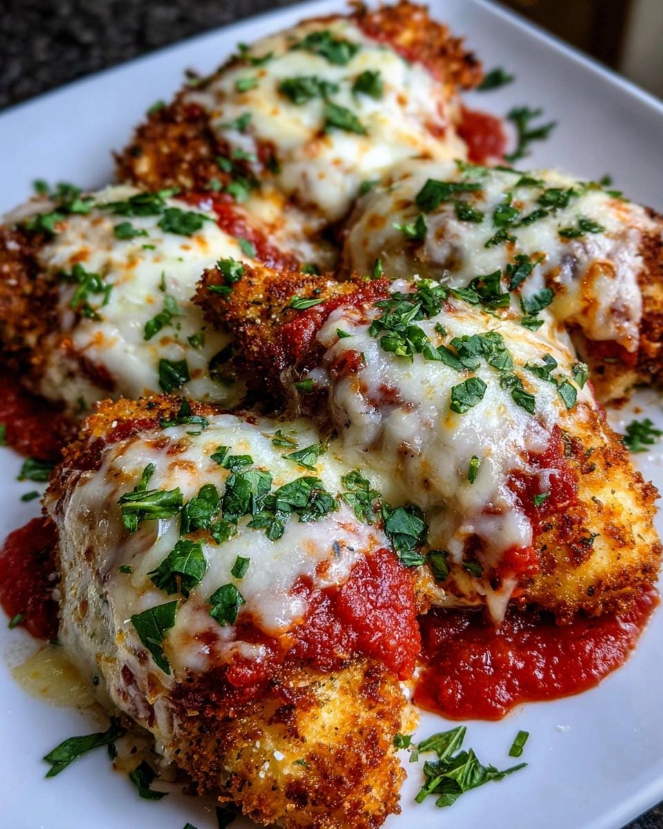 Close-up of The Perfect Crispy Air Fryer Chicken Parmesan, topped with melted mozzarella and marinara sauce, garnished with parsley.