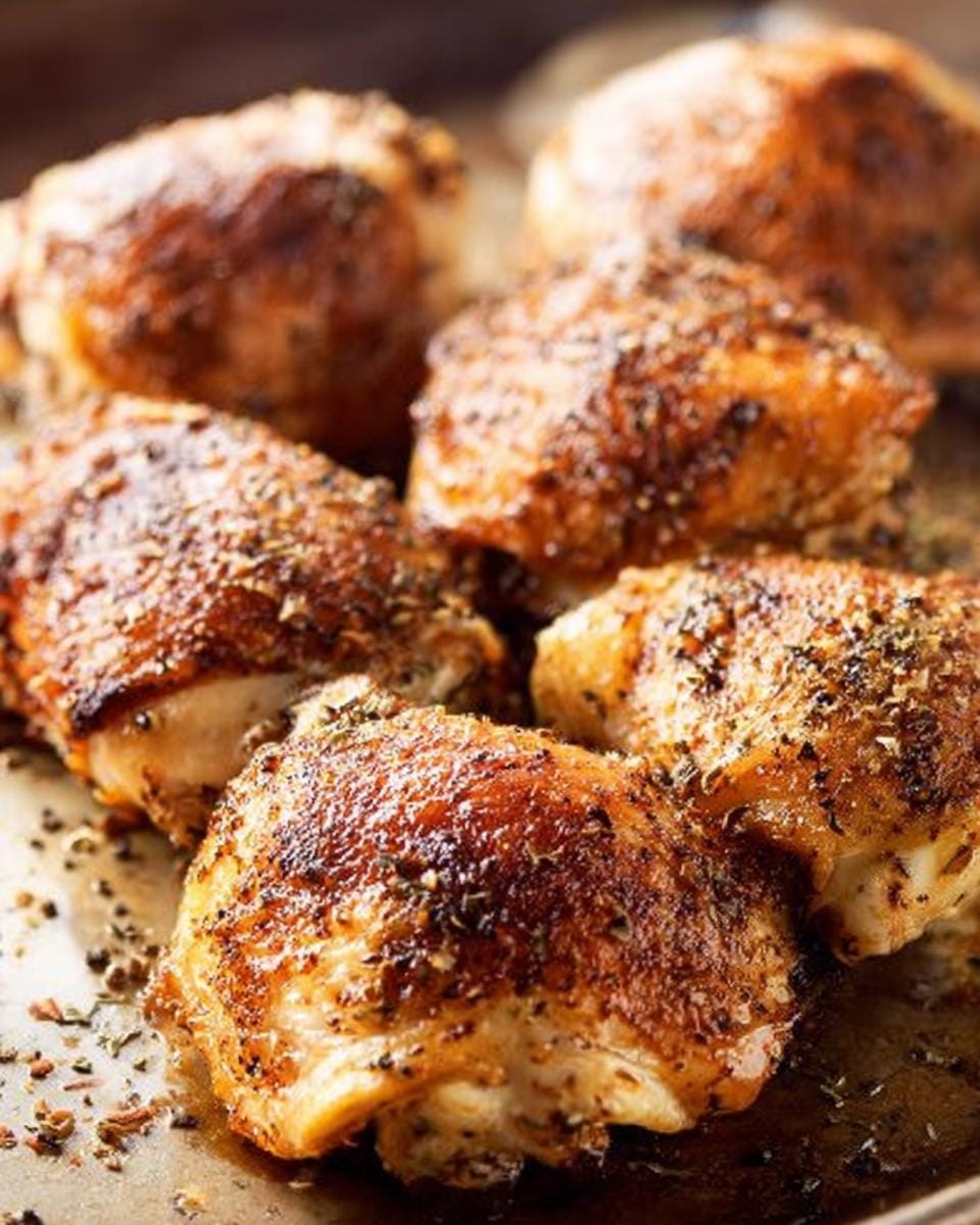 Close-up of perfectly seasoned and crispy baked chicken thighs, ready to serve.